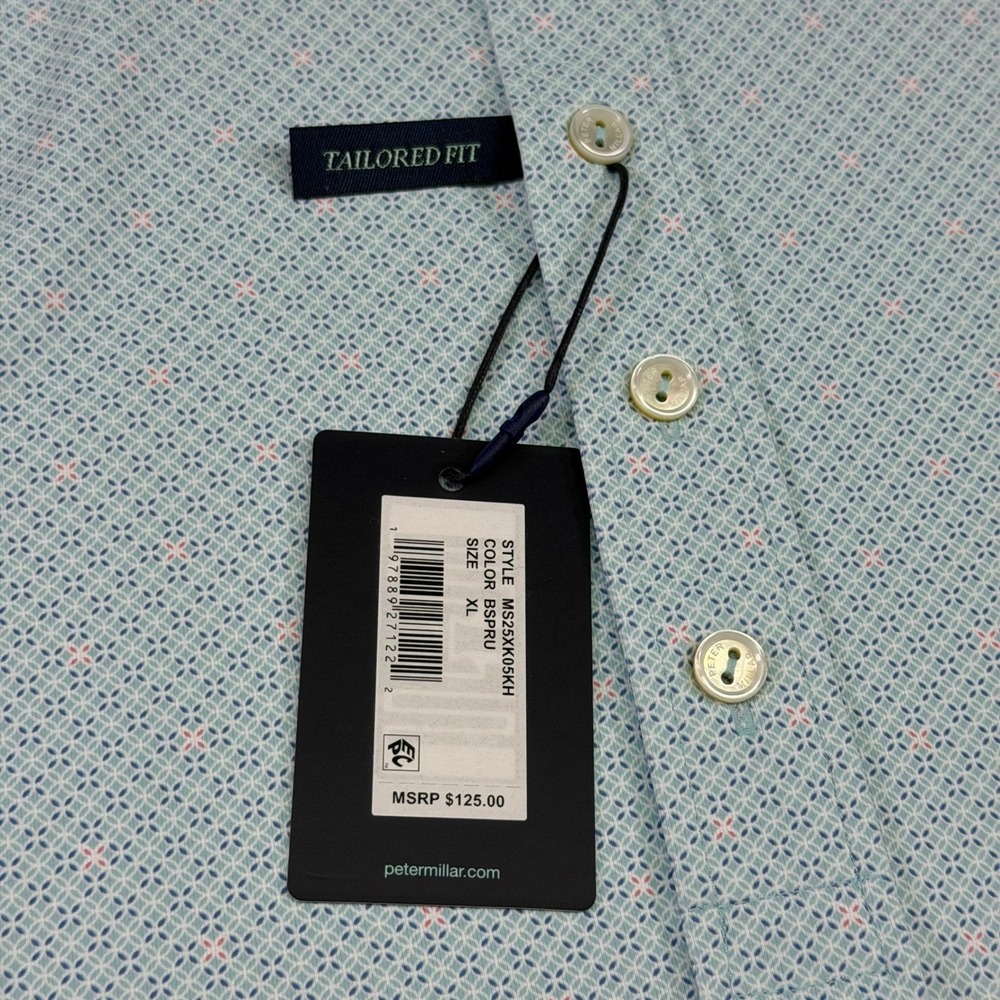 Peter Millar Mens XL Tailored Fit Crown Crafted Polo Shirt Light Blue Geometric - Picture 8 of 11
